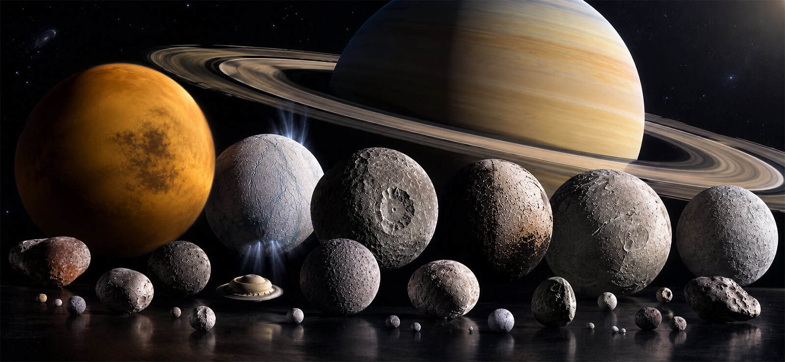 Sistema de Saturno impressiona com 293 luas e diversidade geológica